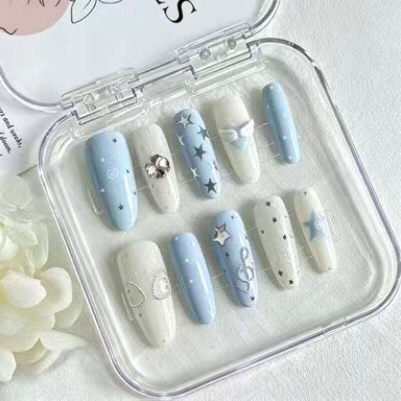 K069蓝白色星星爱心穿戴甲成品甲片美甲贴片