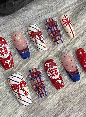 M325圣诞礼物高级半手工红色格纹新年穿戴显白穿戴甲法式美甲可拆