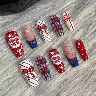 M325圣诞礼物高级半手工红色格纹新年穿戴显白穿戴甲法式 美甲可拆
