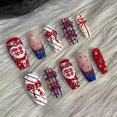 红色格纹新年穿戴甲美甲可拆