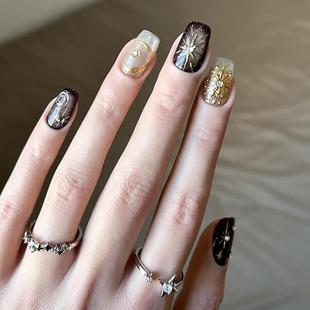 M344日暮鎏金复古美甲秋冬手工穿戴甲短款 高级显白猫眼辣妹