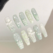 M218半手工清新蕾丝可爱学生夏季 美甲显白薄荷气质高级蝴蝶穿戴甲