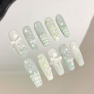 美甲顯白薄荷氣質高級蝴蝶穿戴甲 M218半手工清新蕾絲可愛學生夏季