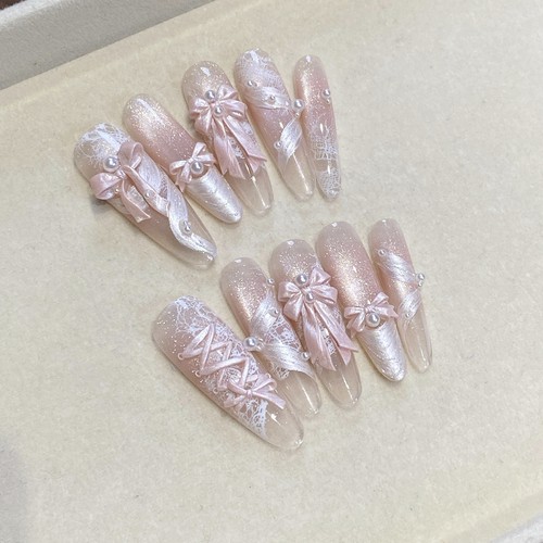 法式芭蕾蝴蝶结珍珠细闪穿戴甲