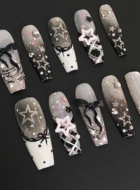 M282甜辣星星半手工蕾丝法式辣妹可爱少女穿戴甲可拆卸显白美甲