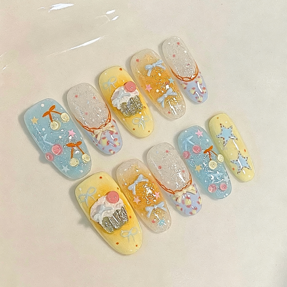 蓝黄撞色蛋糕浮雕穿戴甲童趣少女心星星蝴蝶结款可拆卸美甲贴片