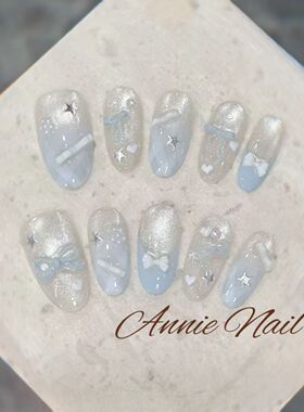 K089爆闪蓝色碎冰冰美甲穿戴甲透亮星星蝴蝶结美甲贴显白可拆卸