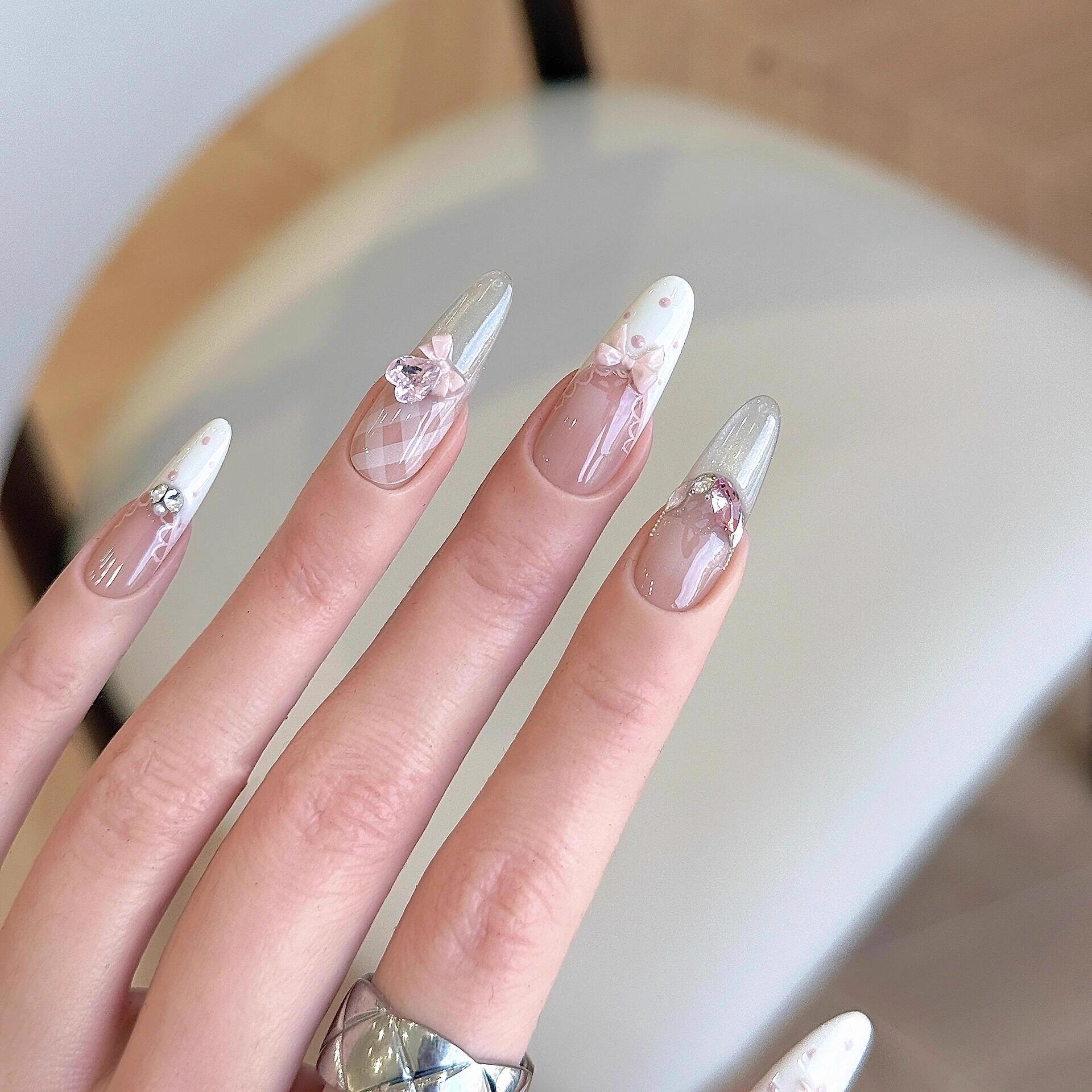 法式格纹蝴蝶结穿戴甲可拆