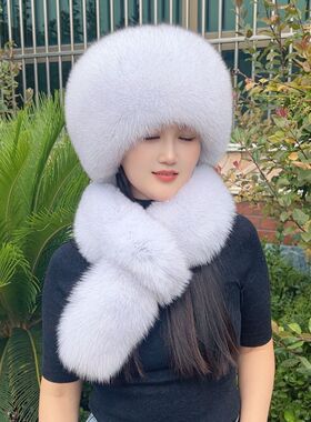 双面整皮狐狸毛皮草围巾帽子套装