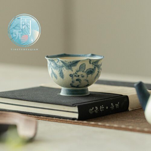 手绘粉引品茗杯釉下彩桂花兔主人杯家用高颜值功夫茶具陶瓷茶杯
