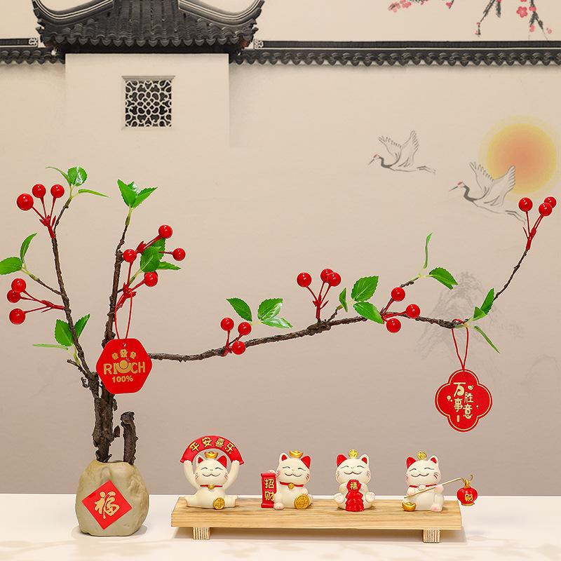 招财猫摆件发财果红果客厅办公桌面乔迁新居新年喜庆春节情景装饰