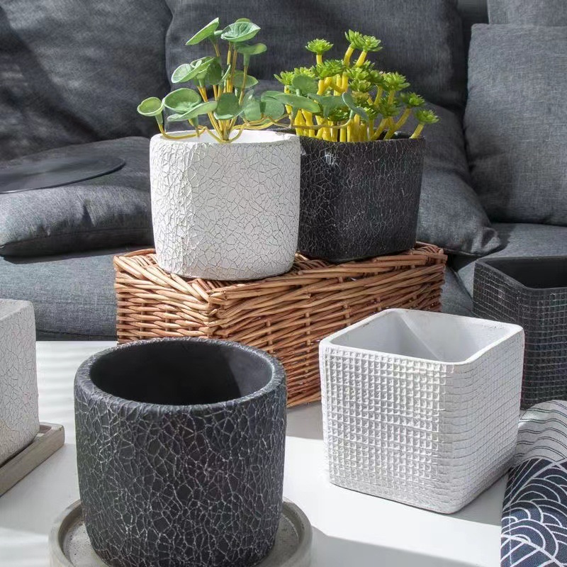 喜莱卡简约哑光花盆裂纹直筒方形多肉植物个性北欧风水泥花盆有孔