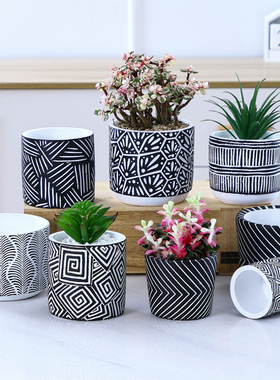 沁园春简约水泥花盆创意ins风圆形黑色桌面园艺室内绿植花器花盆