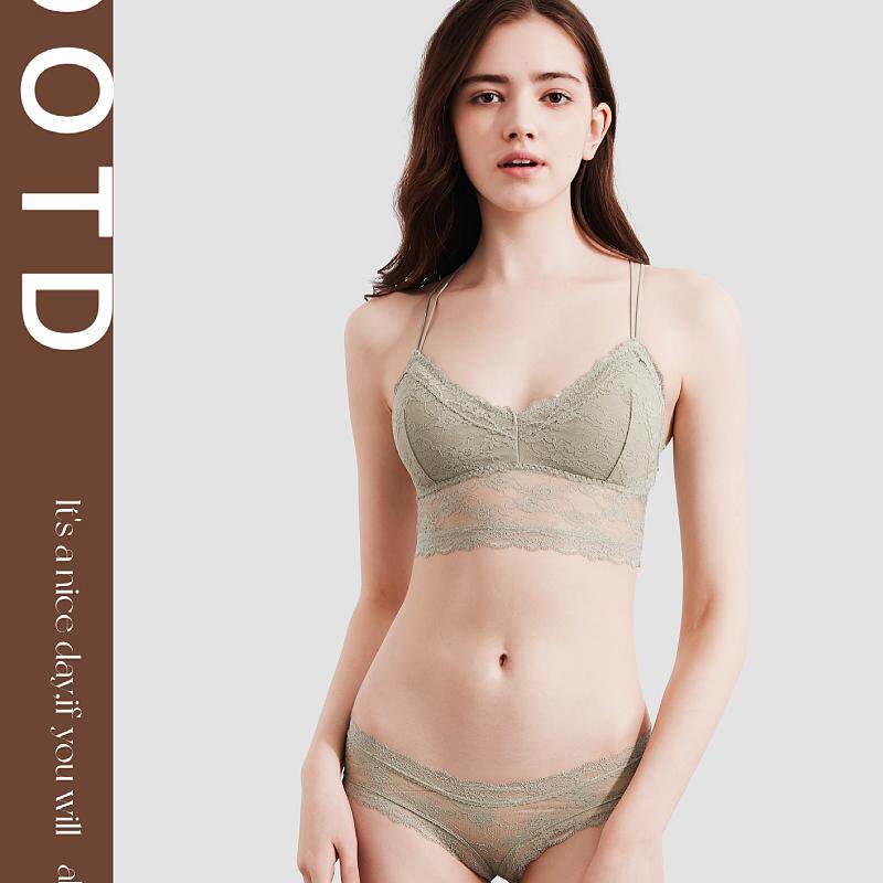 日原单美背无钢圈进口全蕾丝甜美少女舒适黄冰蓝色三角杯文胸套装