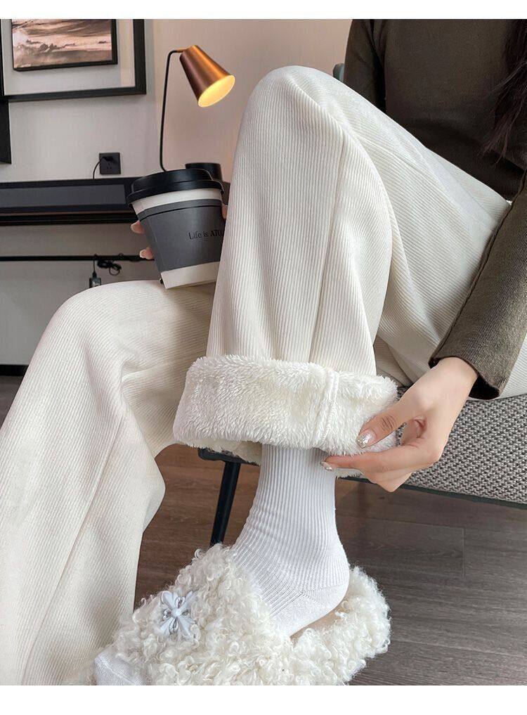 清仓捡漏~特厚加绒羊羔绒灯芯绒阔腿裤女秋冬白色雪尼尔休闲裤子