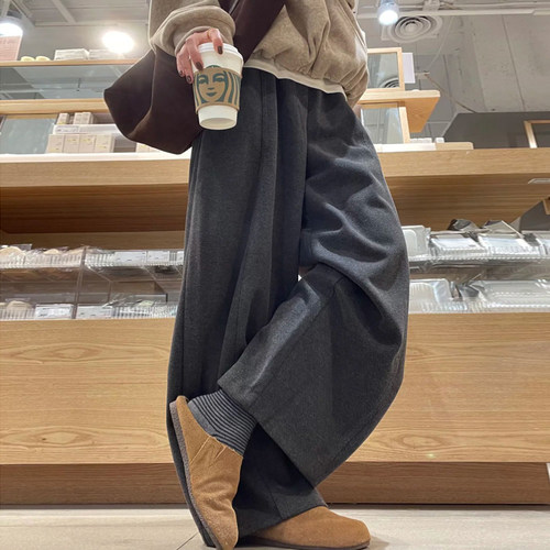 加绒毛呢直筒休闲裤女大码秋冬