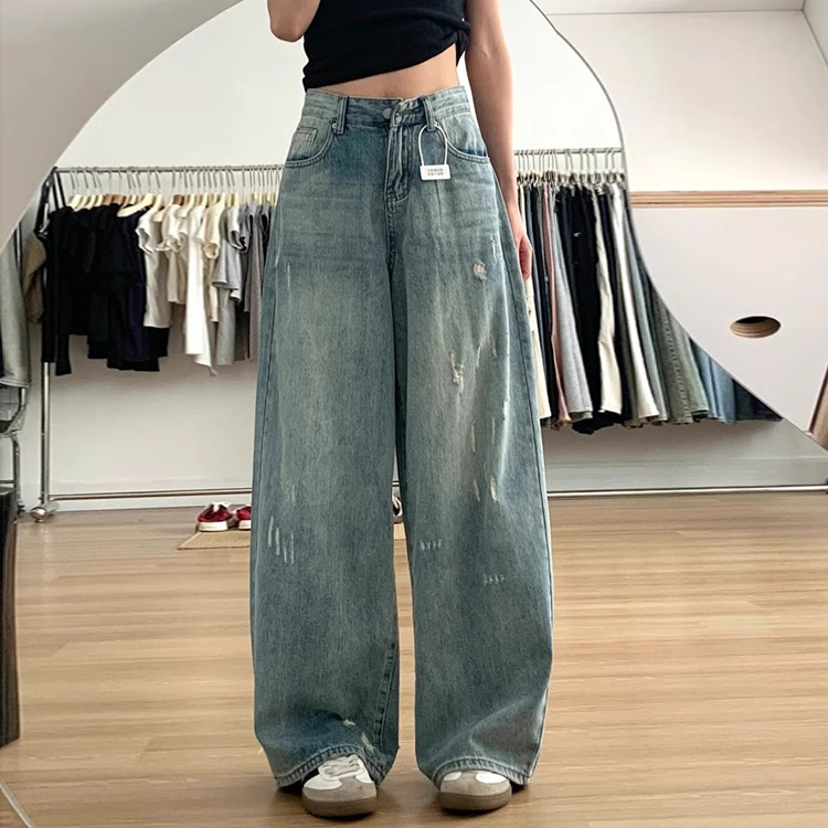 蓝色直筒破洞牛仔裤女大码