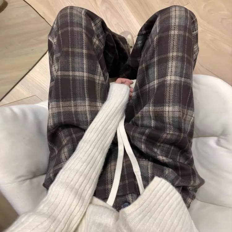 格子休闲阔腿裤女大码秋冬