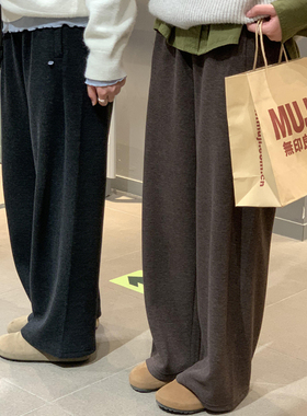 毛呢休闲直筒裤女大码秋冬加绒加厚胖妹妹宽松显瘦磨毛运动阔腿裤