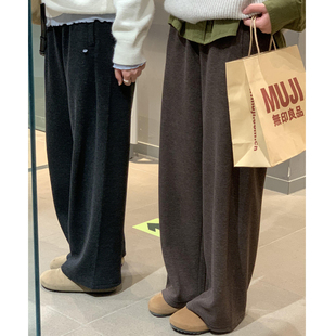 秋冬加绒加厚胖妹妹宽松显瘦磨毛运动阔腿裤 毛呢休闲直筒裤 女大码