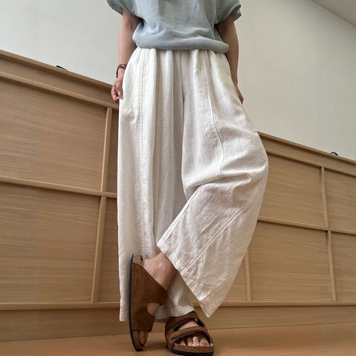 亚麻九分休闲阔腿裤女大码