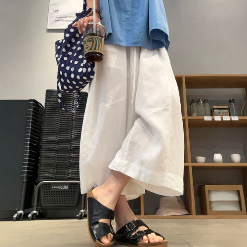 老钱风亚麻阔腿裤女大码夏季