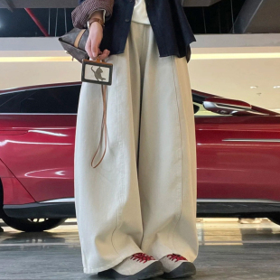 胖妹妹宽松显瘦小个子弯刀裤 米白色休闲阔腿裤 2026新款 春季 女大码