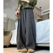 秋冬胖妹妹mm宽松显瘦垂感直筒长裤 加绒毛呢休闲阔腿裤 女大码