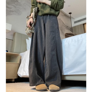 秋冬胖妹妹mm宽松显瘦垂感直筒长裤 加绒毛呢休闲阔腿裤 女大码