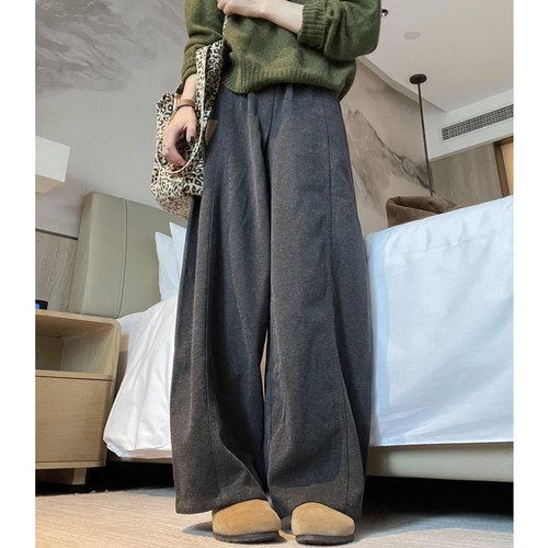加绒毛呢休闲阔腿裤女大码