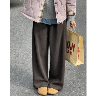 秋冬胖妹妹宽松显瘦软糯垂感磨毛阔腿裤 加绒毛呢休闲直筒裤 女大码