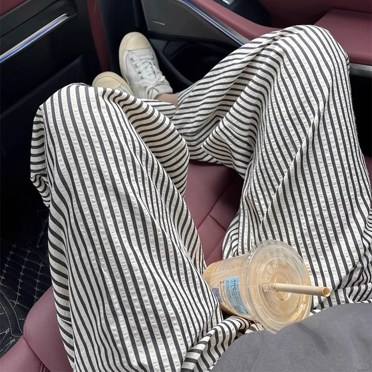 条纹休闲阔腿裤女大码春夏