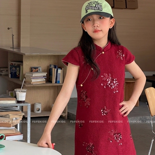女童旗袍裙秋冬款红色立领盘扣短袖连衣裙儿童新中式拜年服裙子