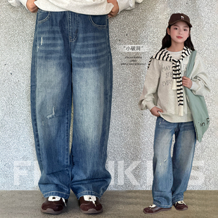 女童牛仔裤2025秋季新款猫须做旧软牛仔｜上衣随便换不冲突