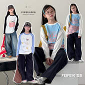 女童长袖 T韩系酷甜风T恤打底外穿上衣 假两件长袖 t恤2025秋季 新款