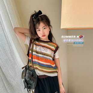 中大童镂空叠穿百搭上衣 新款 菲菲 衣柜女童条纹毛衣背心2024春装