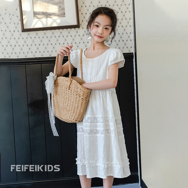 女童连衣裙夏季韩系白裙子新款儿童蕾丝拼接时尚百搭童装裙子