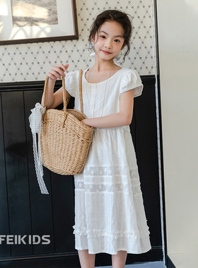 女童连衣裙夏季韩系白裙子新款儿童蕾丝拼接时尚百搭童装裙子