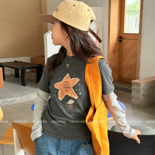 女童假两件长袖t恤秋季韩版时髦打底衫中大童2026秋新款圆领上衣