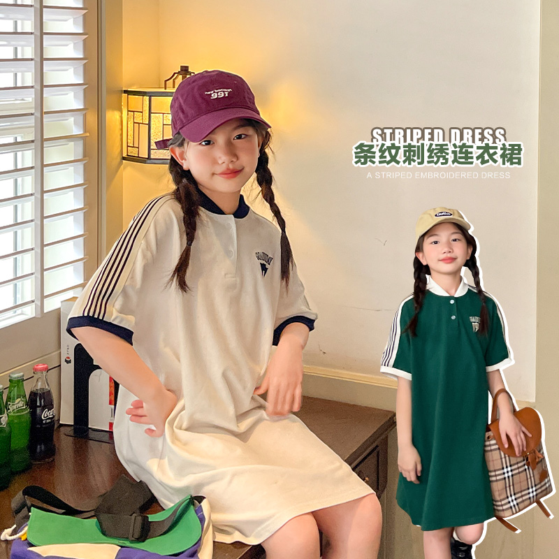 菲菲的衣柜女童短袖T恤裙 夏季新款中大童简约运动风刺绣上衣