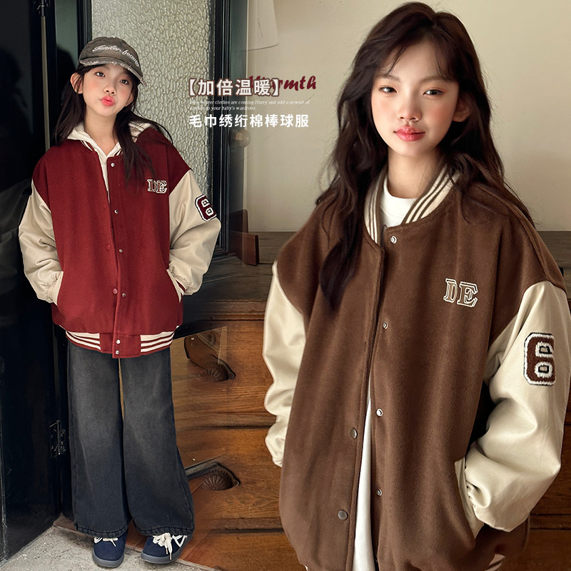 女童棒球服外套秋冬夹棉加厚2024新款儿童皮质袖子拼接夹克上衣潮