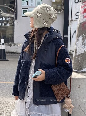 女童加厚夹棉外套冬季黑色翻领单排扣棉服儿童宽松中长款保暖上衣
