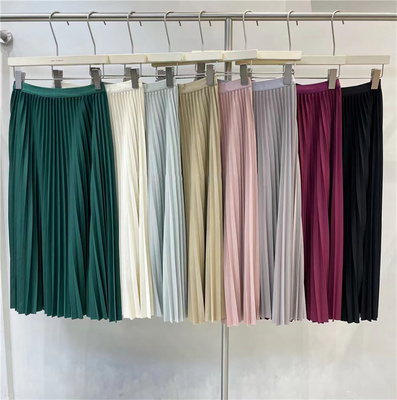 2025春季彩色百褶裙马卡龙色系中长裙半身裙女裙时尚欧货韩版高腰