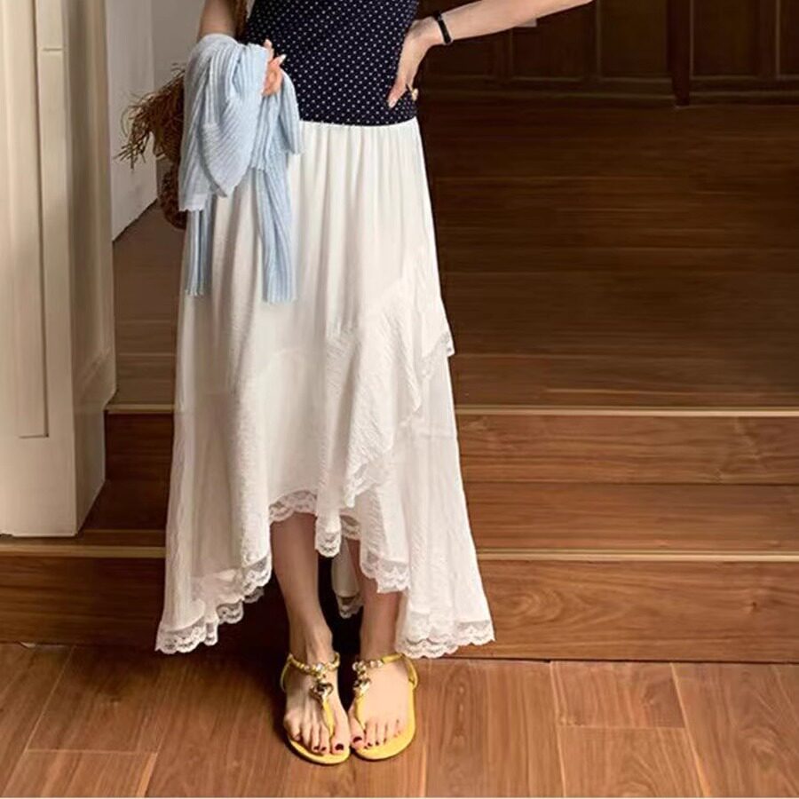 2025春季白色花边不规则A字裙半身裙裙子女时尚显瘦中长裙潮流417