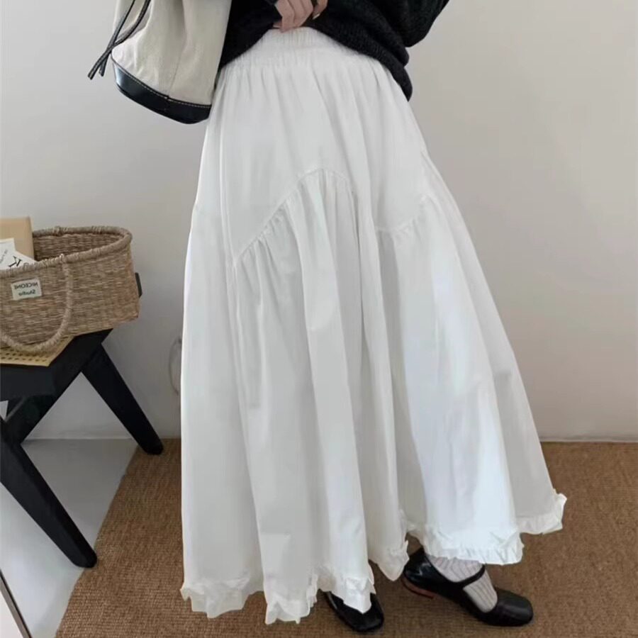 2025春季白色荷叶边A字裙半身裙松紧腰欧货时尚显瘦显腿长欧货韩