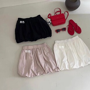 2025春季皮粉色花苞短裤时尚显瘦欧货松紧腰直筒裤裤子女潮流338