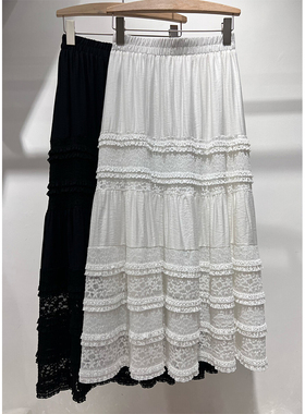 2025春季黑色白色蕾丝A字裙半身裙时尚松紧腰高腰质感韩版潮流213