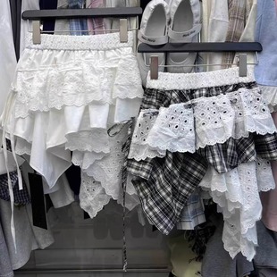 2025春季 质感松紧腰防走光宽松高腰欧货韩443 不规则蕾丝短裙时尚