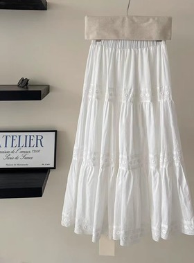 2025春白色法式拼接花边A字裙蛋糕裙裙子女时尚显瘦欧货松紧腰289