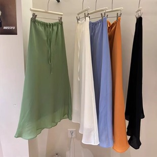 2025夏季 显瘦中长裙高腰欧货裙子遮肉600 彩色抽绳缎面鱼尾裙时尚